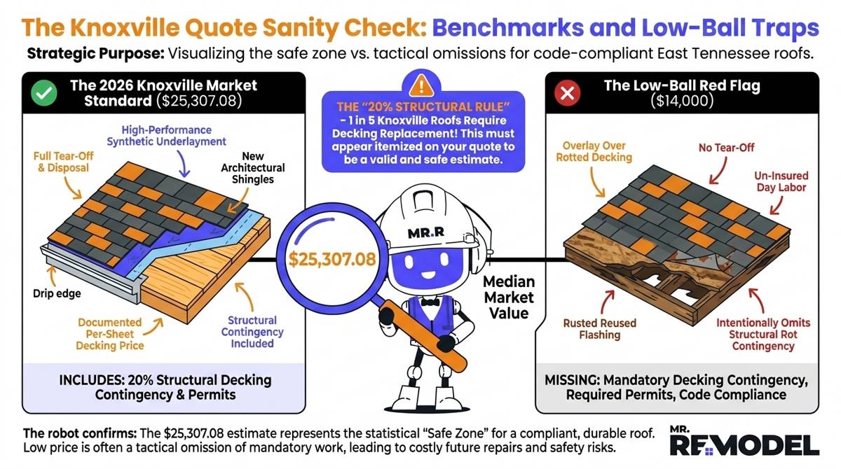 A 2026 Knoxville roofing cost summary infographic comparing a transparent, data-validated $25,307 market-rate bid against a $14,000 low-ball trap that hides structural rot change orders.